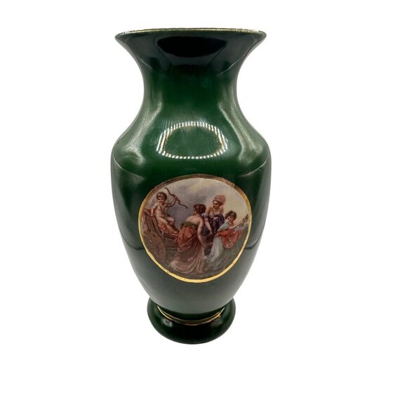 Vintage French Limoge Green Porcelain Vase With Classical Renaissance Courting - Picture 1 of 10